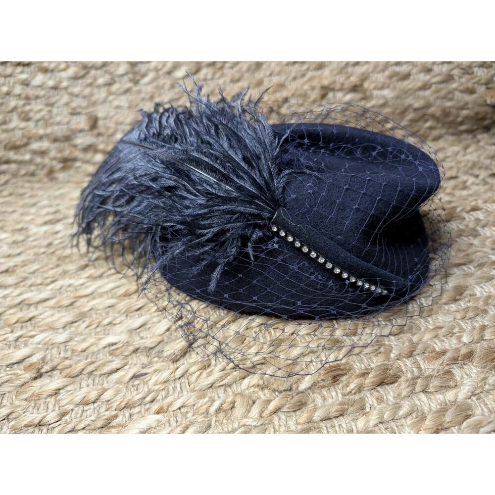 Vintage Lancaster Hat Womens Blue Felt Wool Fascinator Fancy Feathers 100% Wool